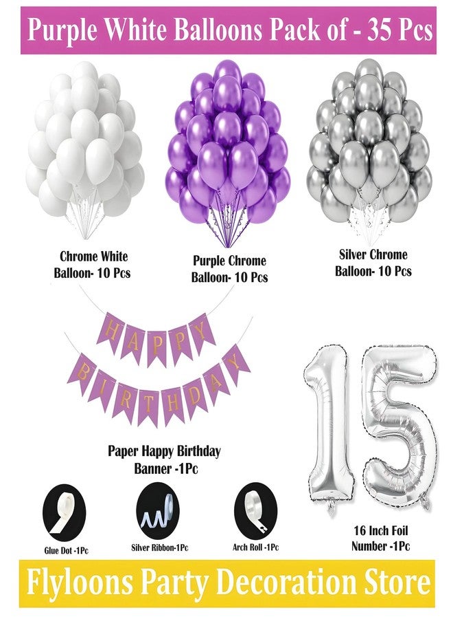 Flyloons 15th Birthday Decoration Items Purple and White Theme Combination for Boys Girls | 30 Pcs Purple White Silver Color Balloons | Purple Happy Birthday Banner | Arch Tape | Glue Dots - Image 2